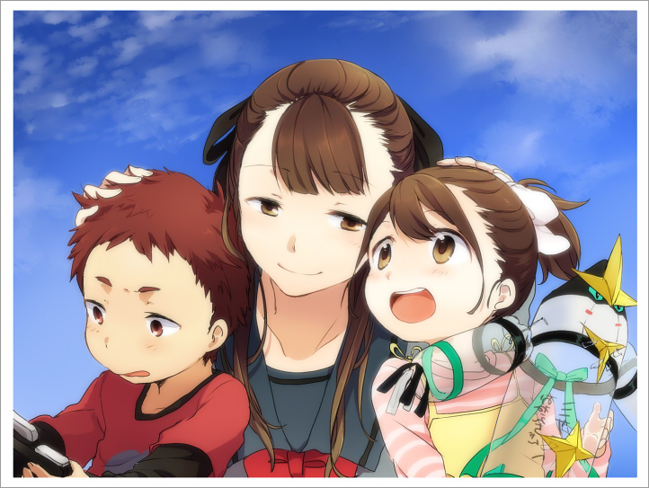 10s, 1boy, 2girls, aged_down, bow, bowtie, brown_eyes, brown_hair