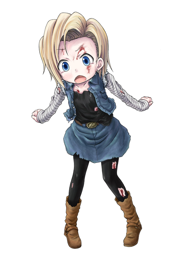 1girl, aged_down, android_18, bandages, belt, blonde_hair, blood, blue_eyes, boots, disheveled, dragon_ball, dragonball_z, earrings, female_focus, hiropon_(katakoriman), injury, jacket, jewelry, katakoriman, looking_at_viewer, open_mouth, pantyhose, simple_background, skirt, solo, standing, torn_clothes, white_background