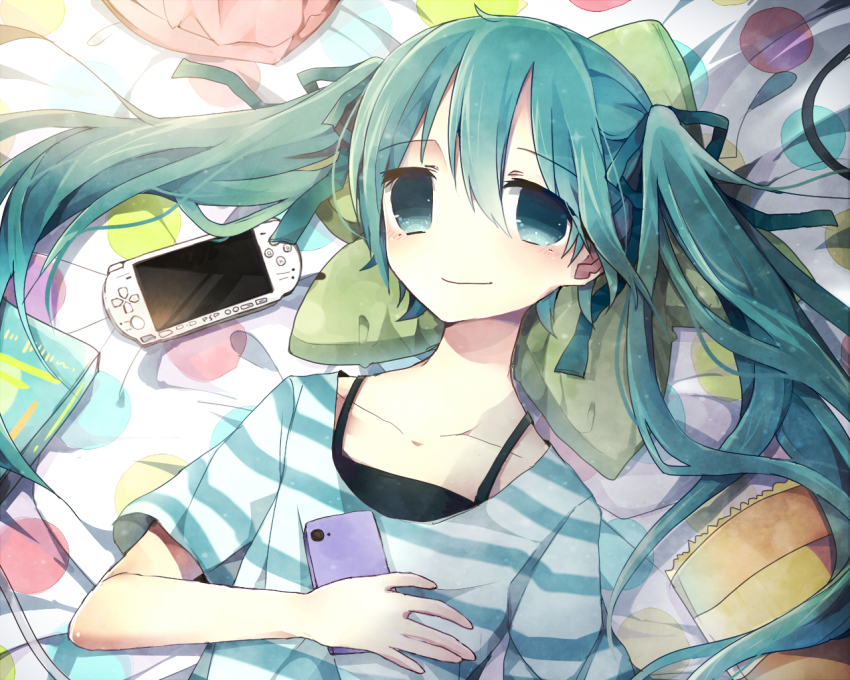 1girl, bad_id, bad_pixiv_id, cellphone, female_focus, green_eyes, green_hair, hair_ribbon