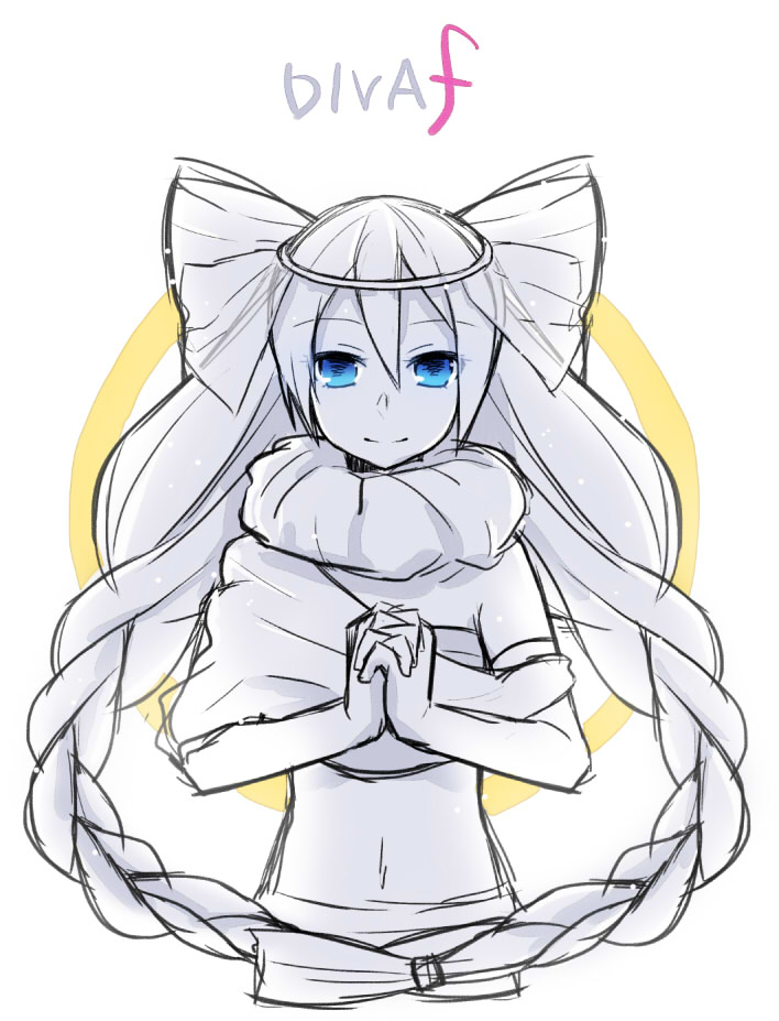 1girl, blue_eyes, copyright_name, female_focus, hatsune_miku, hatsune_miku_(holy_goddess), long_hair, looking_at_viewer