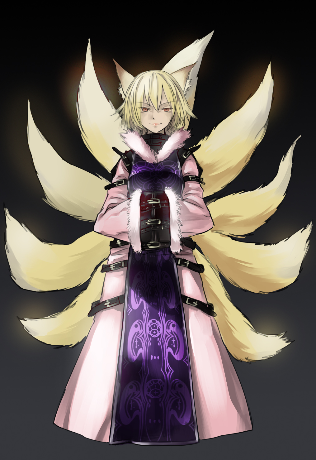 1girl, animal_ears, baijiin_poison, blonde_hair, female_focus, fox_ears, fox_tail, gradient_background