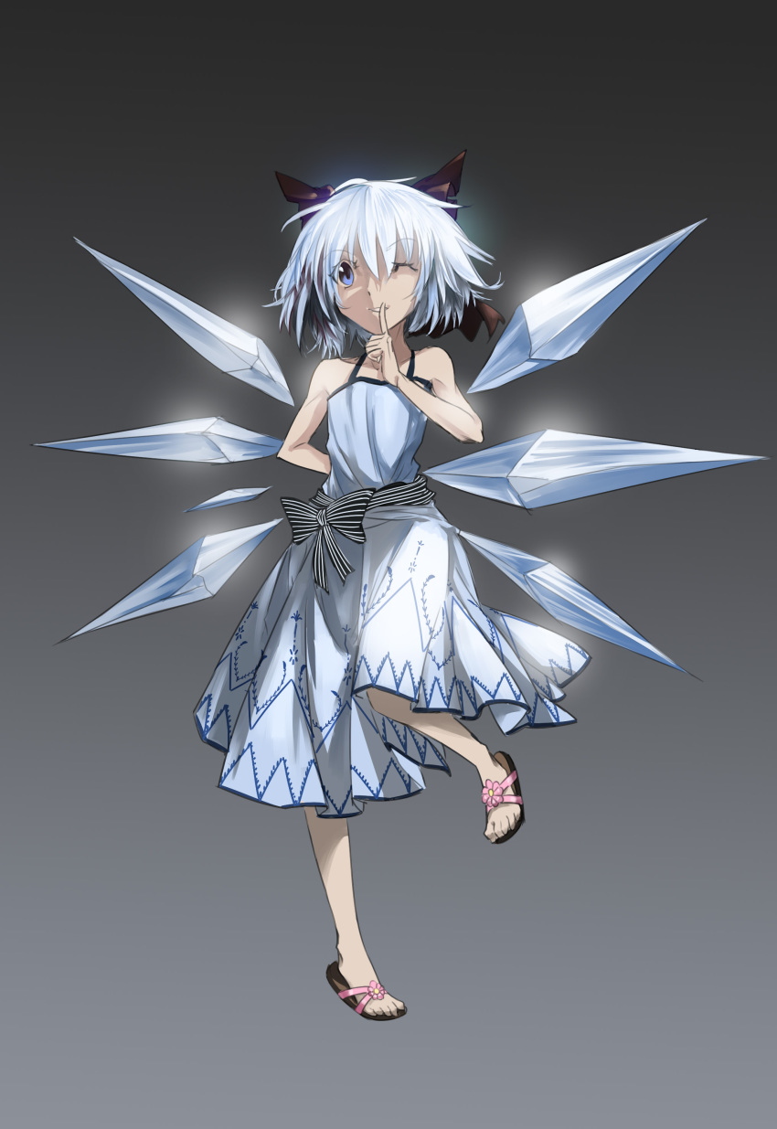 1girl, absurdres, alternate_costume, baijiin_poison, blue_eyes, blue_hair, bow, cirno