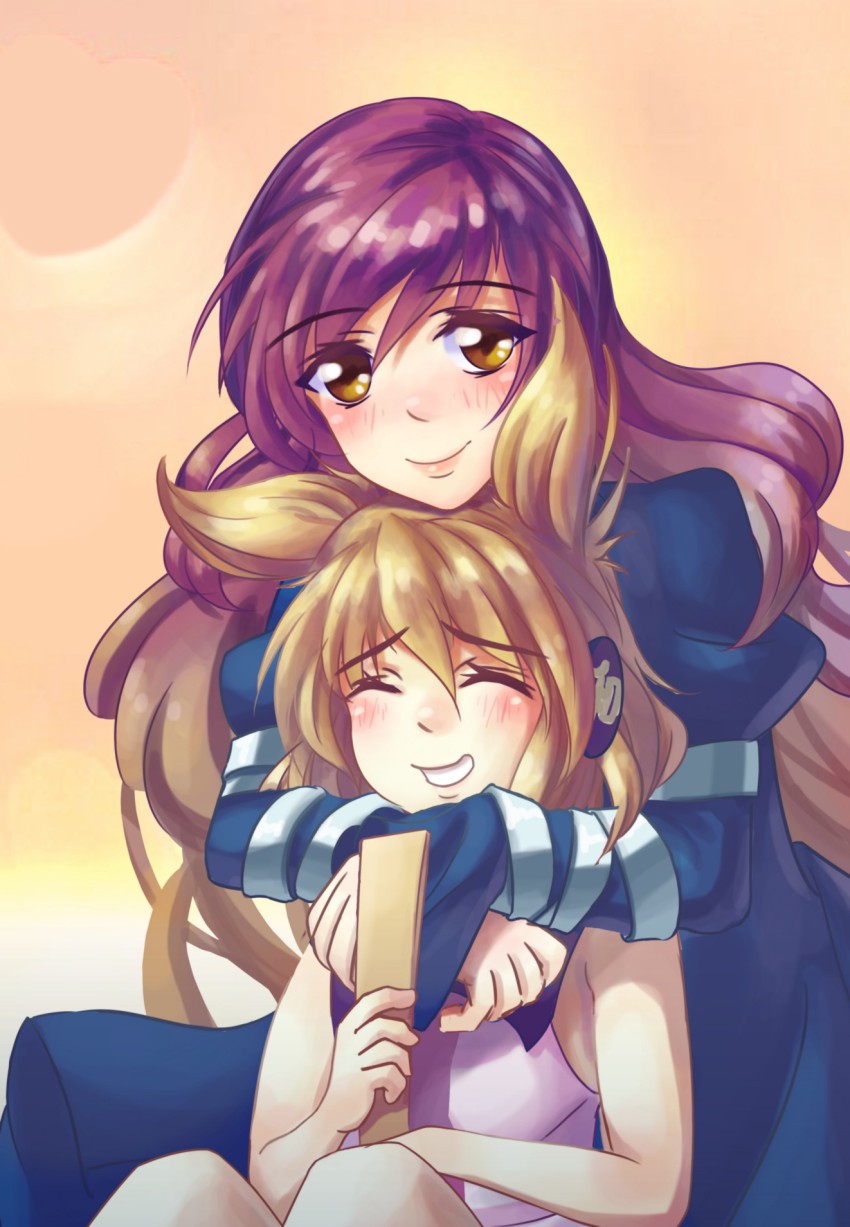 2girls, arm_ribbon, armband, arms_around_neck, bare_arms, blonde_hair, blush, chin_rest