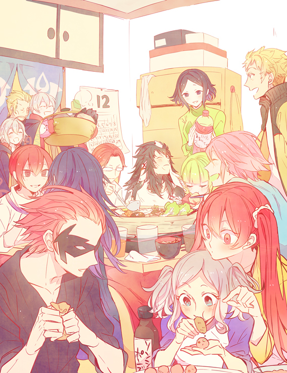6+boys, 6+girls, ^_^, a082, ahoge, alternate_costume, animal_ears, animal_print, arm_up, bear_print, black_eyes, black_hair, blonde_hair, blue_eyes, blue_hair, blunt_bangs, blush, bottle, bowl, brady_(fire_emblem), brown_hair, cabinet, calendar_(object), calender, chin_rest, chopsticks, closed_eyes, contemporary, cup, cynthia_(fire_emblem), domino_mask, dual_persona, eating, eye_mask, female_morgan_(fire_emblem), fire_emblem, fire_emblem_awakening, food, from_behind, fur, gerome_(fire_emblem), glasses, gloves, green_hair, grey_hair, hair_between_eyes, hair_intakes, happy, head_on_head, head_rest, height_difference, holding, hood, hooded_jacket, indoors, inigo_(fire_emblem), jacket, kjelle_(fire_emblem), kotatsu, ladle, laurent_(fire_emblem), long_hair, long_sleeves, lucina_(fire_emblem), male_playboy_bunny, male_robin_(fire_emblem), mask, multicolored_hair, multiple_boys, multiple_girls, nah_(fire_emblem), nintendo, noire_(fire_emblem), open_mouth, owain_(fire_emblem), parted_bangs, pectorals, pink_hair, pointy_ears, rabbit_ears, red_eyes, red_hair, severa_(fire_emblem), shirt, short_hair, short_twintails, sitting, sleeveless, sleeveless_shirt, sleeves_rolled_up, smile, soup, sweater, swept_bangs, table, takoyaki, twintails, two-tone_hair, white_hair, wide_sleeves, yarne_(fire_emblem)