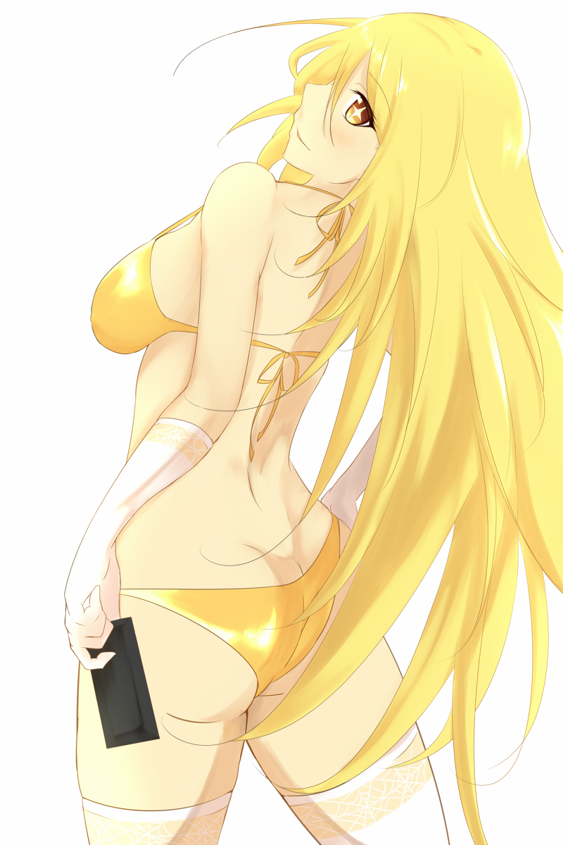 +_+, 1girl, arched_back, ass, bikini, blonde_hair, butt_crack, controller, elbow_gloves, female_focus, from_behind, gloves, highres, honest_(honenano), long_hair, looking_at_viewer, looking_back, remote_control, shokuhou_misaki, sideways_mouth, simple_background, skindentation, smile, solo, spider_web_print, swimsuit, symbol-shaped_pupils, thighhighs, toaru_kagaku_no_railgun, toaru_majutsu_no_index, white_background, white_gloves, white_thighhighs, yellow_bikini, yellow_eyes