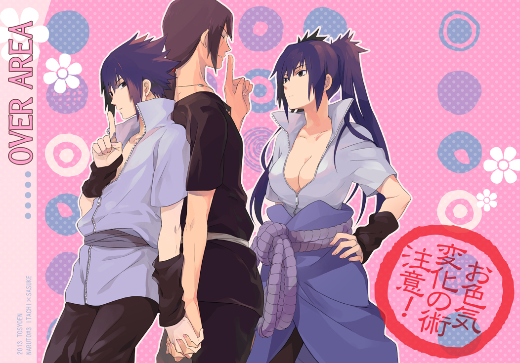 1girl, 2boys, arm_warmers, black_hair, breasts, brothers, cleavage, dual_persona, finger_to_mouth, genderswap, genderswap_(mtf), holding_hands, medium_breasts, multiple_boys, naruto_(classic), naruto_(series), naruto_shippuuden, ponytail, purple_hair, shushing, siblings, tosyoen, uchiha_itachi, uchiha_sasuke