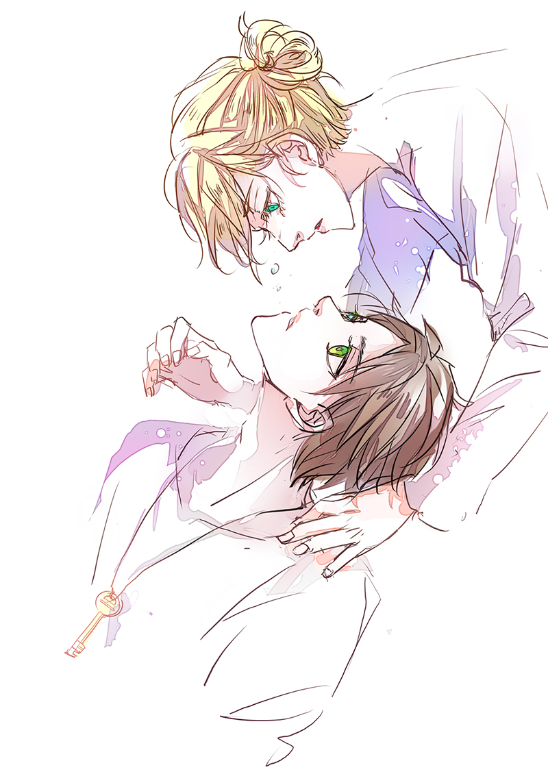 1boy, 1girl, annie_leonhart, blonde_hair, brown_hair, collarbone, eren_yeager, fantasyxing