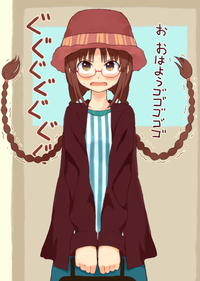 1girl, akizuki_ritsuko, bag, blush, braid, brown_hair, female_focus, glasses