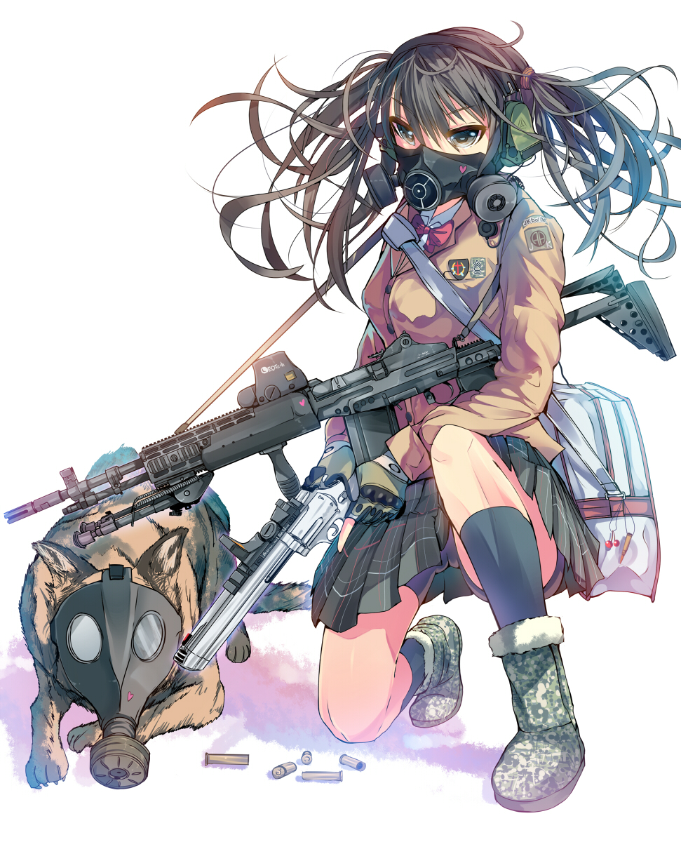 1girl, bag, battle_rifle, bike_shorts, bipod, black_eyes, boots, cameltoe