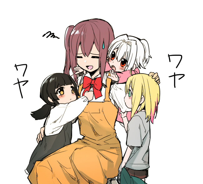 2boys, 2girls, =_=, aged_down, asai_miki, black_hair, blonde_hair, blue_eyes