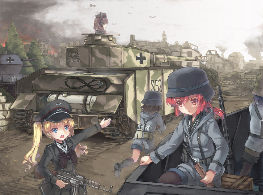 5girls, aircraft, airplane, anti-aircraft, anti-aircraft_gun, assault_rifle, balkenkreuz, binoculars, black_legwear, blonde_hair, blue_eyes, boots, caterpillar_tracks, city, combat_helmet, cross, destruction, flakpanzer_iv_wirbelwind, garrison_cap, german_text, gewehr_43, gun, hat, headset, helmet, highres, iron_cross, karabiner_98k, long_hair, long_sleeves, machine_gun, mg_42, military, military_uniform, military_vehicle, motor_vehicle, multiple_girls, north_abyssor, open_mouth, original, pantyhose, panzer_iv, peaked_cap, ponytail, red_eyes, red_hair, rifle, short_hair, shorts, skirt, smoke, stahlhelm, stg44, tank, twintails, vehicle_focus, war, weapon, wehrmacht, world_war_ii