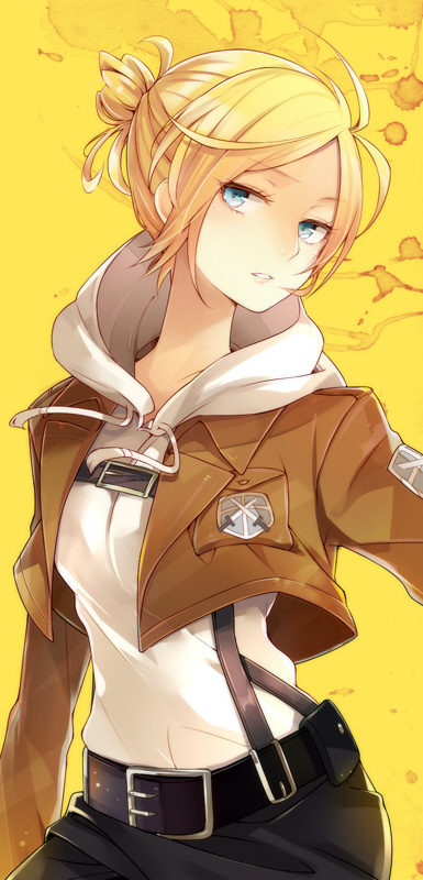 1girl, annie_leonhart, belt, blonde_hair, blue_eyes, female_focus, hood, hutuumikan