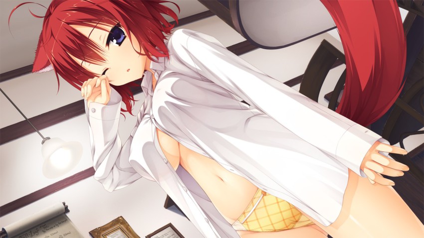 1girl, amairo_islenauts, animal_ears, blue_eyes, breasts, chair, female_focus, fox_ears, game_cg, large_breasts, legs, looking_at_viewer, masaki_gaillard, muririn, no_bra, panties, red_hair, shirt, short_hair, solo, standing, tail, thighs, underwear, waking, wince, yellow_panties