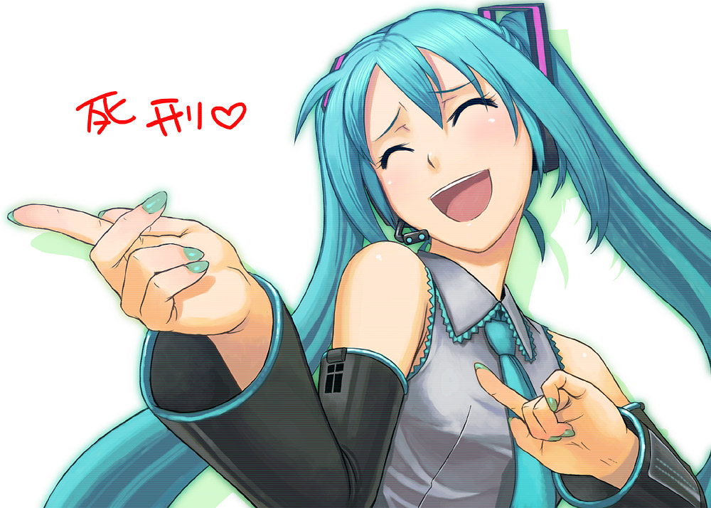 1girl, :d, ^_^, aqua_hair, closed_eyes, detached_sleeves, false_smile, female_focus