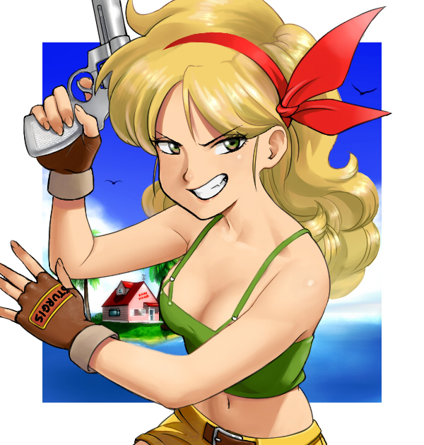 1girl, abosirom, belt, bird, blonde_hair, border, breasts, brown_belt, brown_gloves, cleavage, cloud, coconut_tree, crop_top, day, dragon_ball, eyes_visible_through_hair, facing_viewer, female_focus, fingerless_gloves, gloves, green_eyes, grin, gun, hair_ribbon, handgun, house, island, kame_house, large_breasts, long_hair, looking_at_viewer, lunch_(dragon_ball), medium_breasts, midriff, navel, ocean, outdoors, outside_border, palm_tree, revolver, ribbon, shorts, sky, smile, solo, tank_top, tree, upper_body, weapon, weather_vane, white_border, yellow_shorts