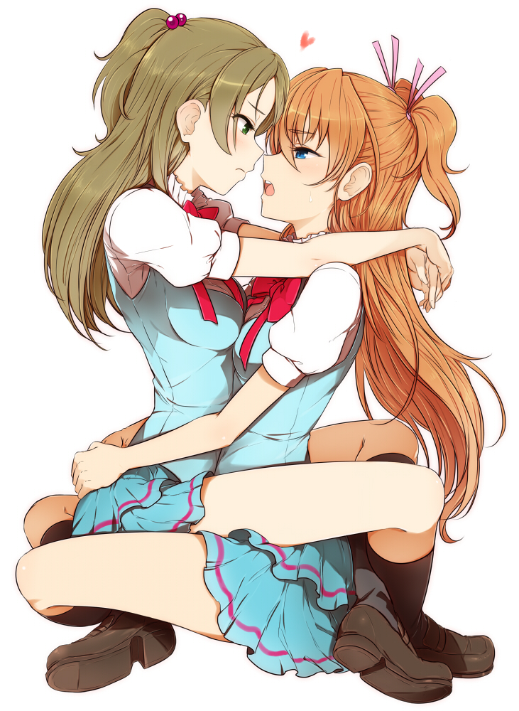 10s, 2girls, angry, arms_around_neck, arms_around_another's_waist, ass, blue_eyes, blush, bow, breast_press, breasts, brown_hair, couple, eye_contact, face-to-face, frown, grabbing_another's_ass, green_eyes, groping, half_updo, hands_on_ass, heart, houjou_hibiki, hug, imminent_kiss, leg_lock, long_hair, looking_at_another, md5_mismatch, medium_breasts, minamino_kanade, minatsuki_randoseru, multiple_girls, mutual_tsundere, open_mouth, precure, profile, school_uniform, simple_background, sitting, sitting_on_lap, sitting_on_person, skirt, suite_precure, sweatdrop, tsundere, twintails, two_side_up, white_background, yuri