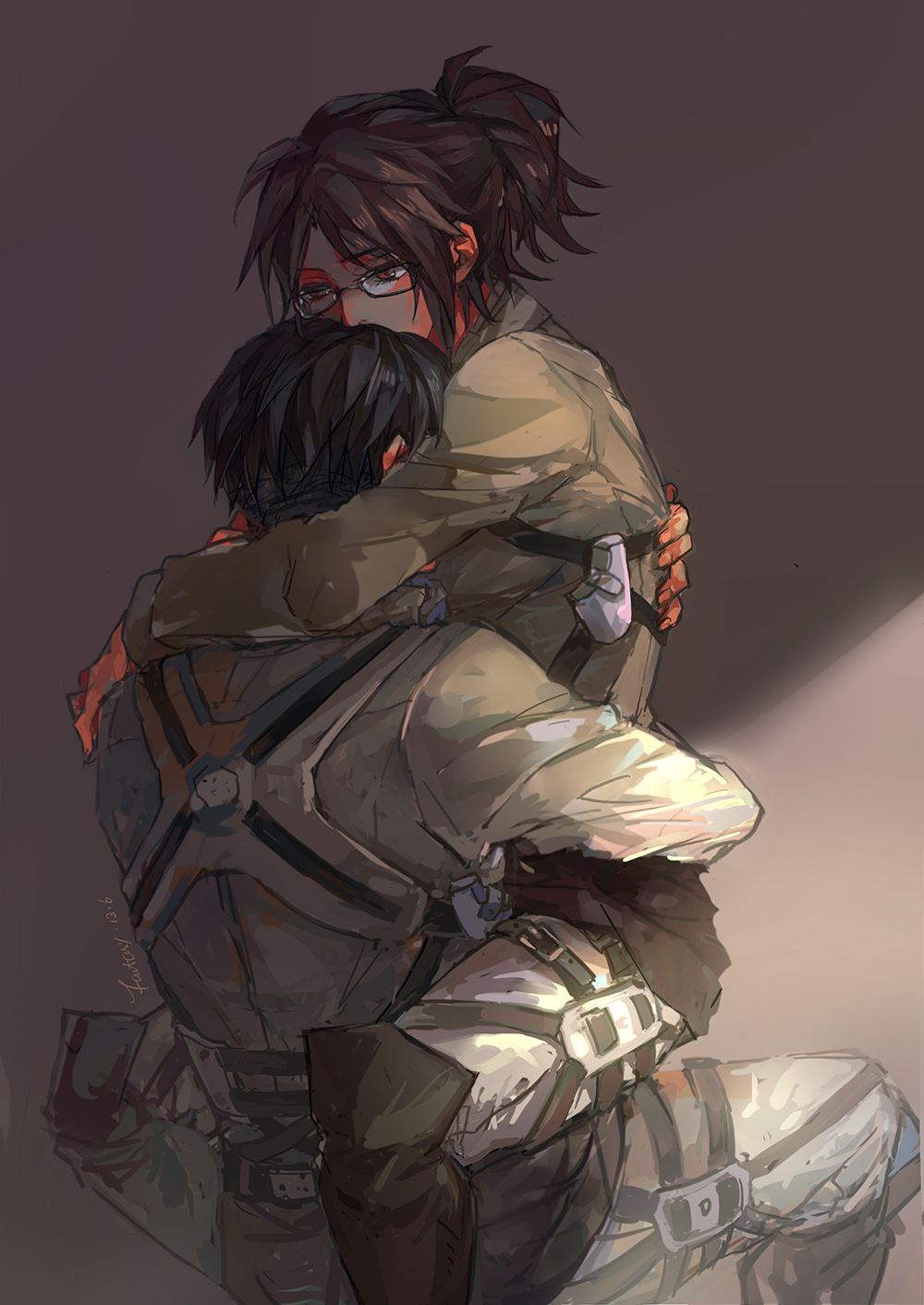 1boy, 1girl, black_hair, brown_eyes, brown_hair, fantasyxing, glasses, hange_zoe, highres, hug, levi_(shingeki_no_kyojin), ponytail, shingeki_no_kyojin, hetero, three-dimensional_maneuver_gear