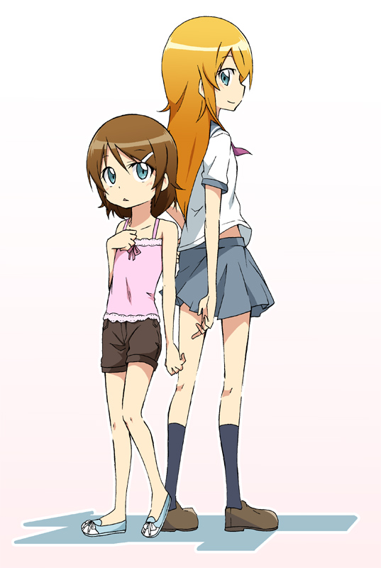 2girls, aqua_eyes, back-to-back, blush, brown_hair, casual, chida_daisuke, dual_persona