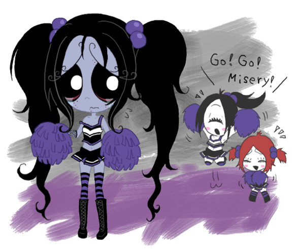 3girls, 4kaku3kaku, black_hair, black_sclera, blush_stickers, boots, cheerleader, colored_sclera, eyelashes, goth_fashion, hair_bobbles, hair_ornament, iris_(ruby_gloom), long_hair, midriff, misery_(ruby_gloom), multiple_girls, nervous, outdoors, ponytail, red_hair, ruby_gloom, ruby_gloom_(character), short_twintails, skirt, standing, strap_slip, striped_clothes, striped_thighhighs, thighhighs, twintails, very_long_hair