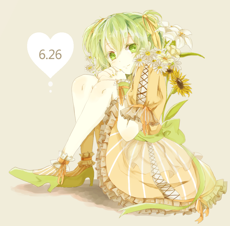1girl, chomachi, daisy_(flower), dated, dress, female_focus, flower, green_eyes
