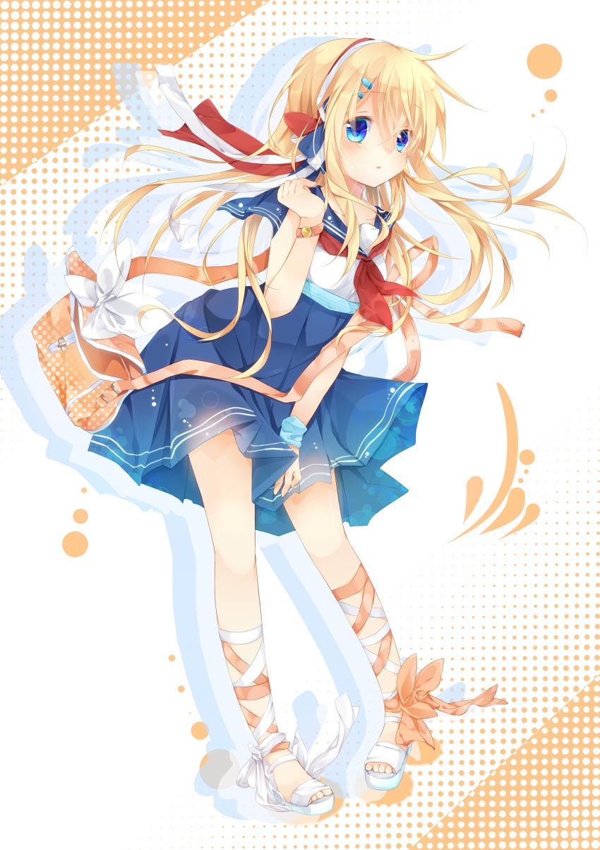 1girl, bad_id, bad_pixiv_id, bag, blonde_hair, blue_eyes, cross-laced_footwear, female_focus