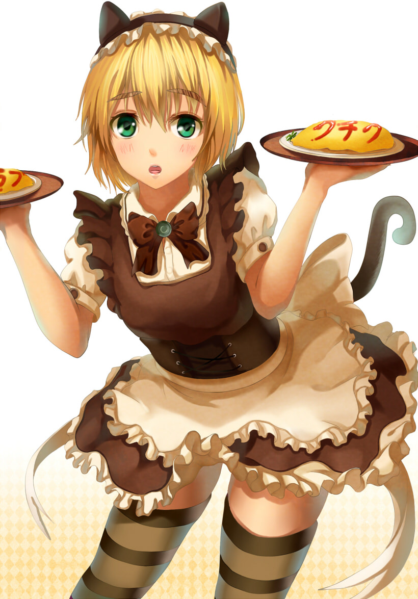 1boy, animal_ears, apron, armin_arlert, bad_id, bad_pixiv_id, black_hair, blonde_hair, blush, cat_boy, cat_ears, cat_tail, crossdressing, crossdressing_(mtf), food, green_eyes, looking_at_viewer, male_focus, norari_kuno, omelet, omurice, shingeki_no_kyojin, short_hair, striped_clothes, striped_thighhighs, tail, thighhighs, trap, tray, waist_apron, waitress