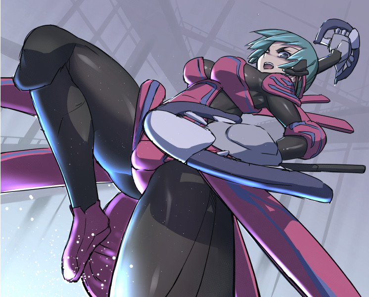 1girl, alternate_color, aqua_hair, blue_eyes, bodysuit, breasts, gauntlets, missing_headwear, no_headwear, otoi_rekomaru, short_hair, skin_tight, thighs, trinity_(warframe), warframe