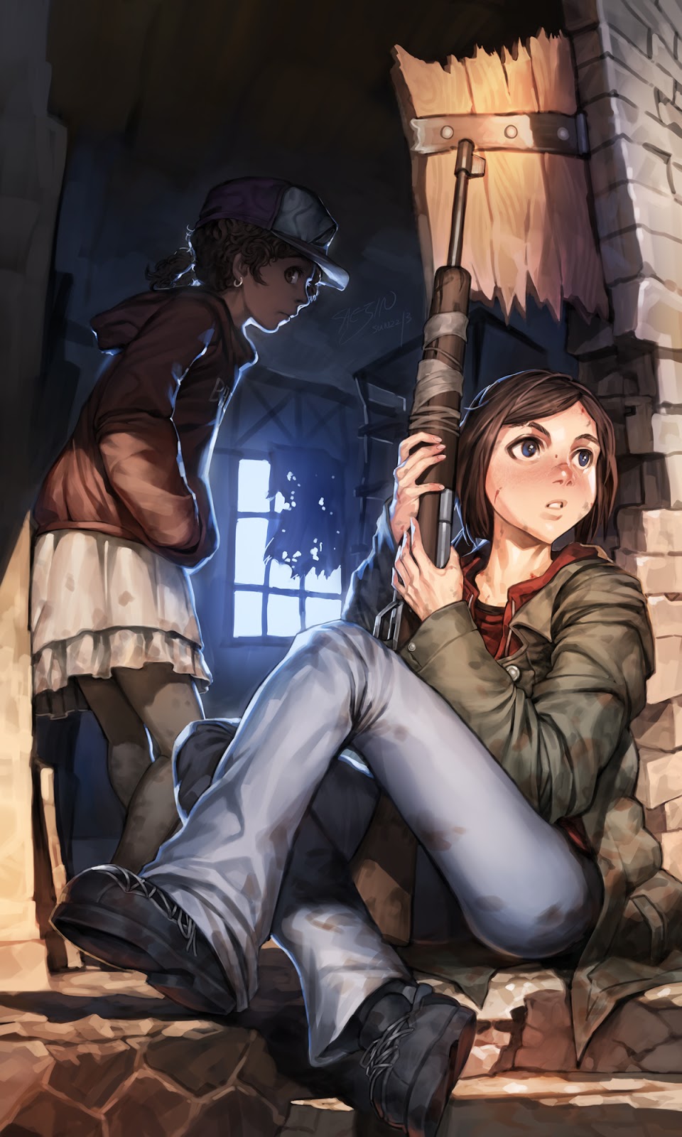 2girls, baseball_cap, blue_eyes, brick_wall, brown_eyes, brown_hair, child, clementine_(the_walking_dead), crossover, curly_hair, denim, dirty, dirty_clothes, dirty_face, earrings, ellie_(the_last_of_us), gun, hands_in_pockets, hat, highres, hood, hoodie, jacket, jeans, jewelry, long_hair, multiple_girls, pants, ponytail, post-apocalypse, rifle, ruins, saejin_oh, scar, signature, sitting, skirt, the_last_of_us, the_last_of_us_(series), the_walking_dead, the_walking_dead_(game), twintails, weapon