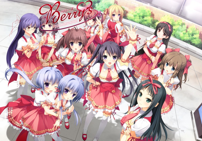 6+girls, arms_up, aso_mitsuki, berry's, black_hair, blonde_hair, blue_eyes, blue_hair, blush, breasts, brown_eyes, brown_hair, game_cg, glasses, green_eyes, hair_ornament, happy, highres, houkou_yuuka, hug, itsumu_aruha, izuno_youko, izutsu_aya, legs, long_hair, looking_at_viewer, makinosawa_ena, morikubo_yuna, multiple_girls, nanao_naru, necktie, one_eye_closed, purple_eyes, purple_hair, red_eyes, satou_haruki, satou_natsuki, shadow, shoes, short_hair, skirt, smile, standing, tatsumi_wakaba, thighhighs, tsukahara_yukino, twintails, waitress, wink