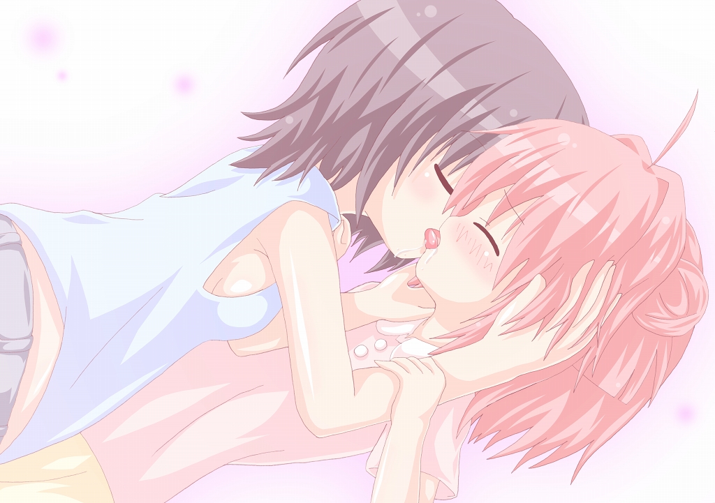 2girls, ^_^, ahoge, akaza_akari, black_hair, breasts, child, closed_eyes, double_bun, drooling, french_kiss, funami_yui, kagerou_(kers), kers, kiss, multiple_girls, pink_hair, saliva, short_hair, sideboob, tongue, tongue_out, yuri, yuruyuri