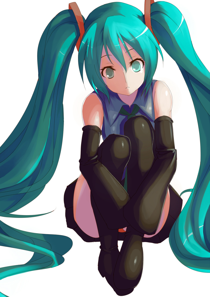 1girl, detached_sleeves, female_focus, green_eyes, green_hair, hatsune_miku, highres, hugging_own_legs