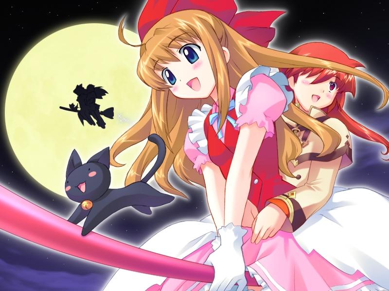 1boy, 1girl, :d, ahoge, alice_soft, animal, bell, blue_eyes, blush, broom, broom_riding, brown_hair, cat, dress, flying, full_moon, galzoo_island, jingle_bell, long_hair, min-naraken, moon, mutsumi_masato, open_mouth, puffy_short_sleeves, puffy_sleeves, red_dress, short_sleeves, silhouette, smile, sour, very_long_hair