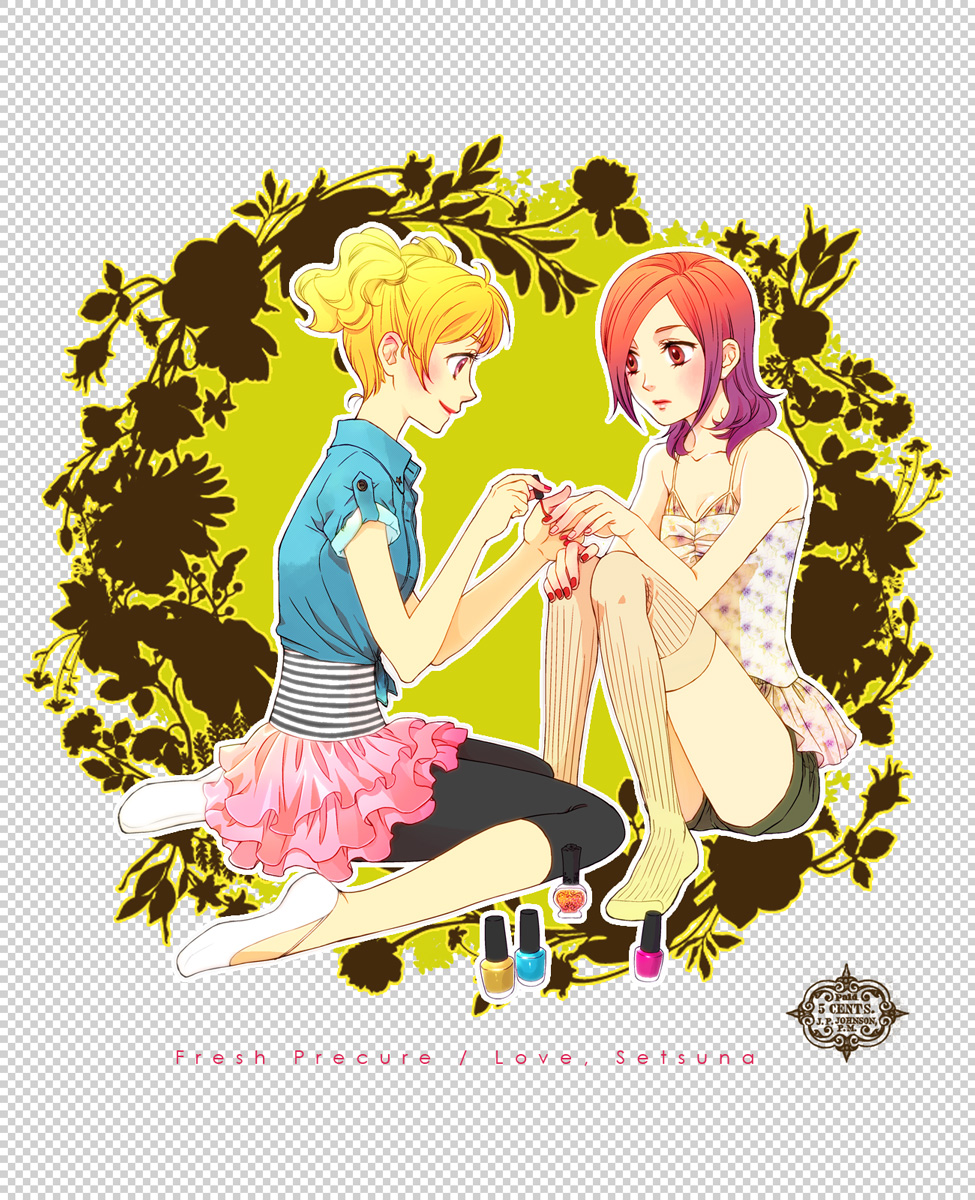 00s, 251, 2girls, alternate_costume, bad_id, bad_pixiv_id, bare_shoulders, blonde_hair, breasts, casual, character_name, cleavage, copyright_name, floral_background, fresh_precure!, higashi_setsuna, highres, lipstick, makeup, momozono_love, multicolored_hair, multiple_girls, nail_polish, precure, purple_hair, red_eyes, red_hair, short_hair, shorts, sitting, sleeveless, small_breasts, smile, thighhighs, twintails, two-tone_hair, wariza