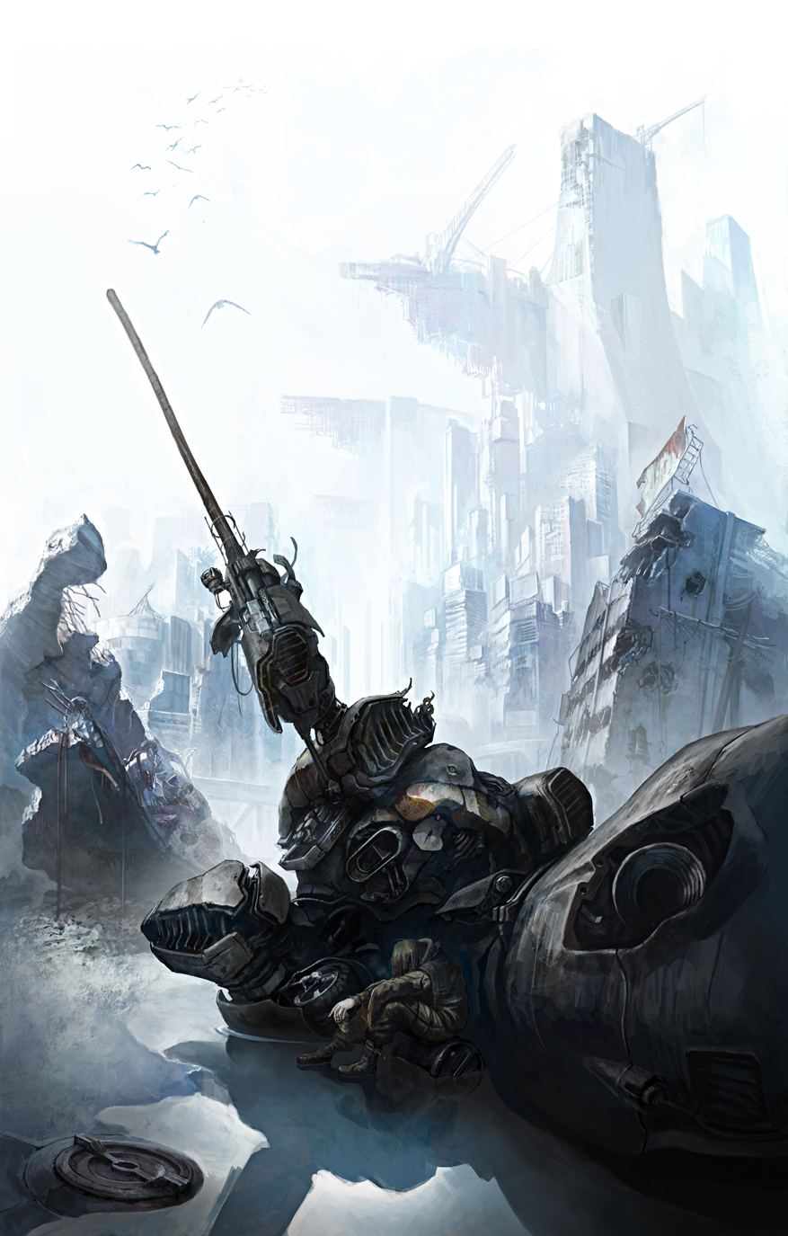 1boy, 1girl, androgynous, bad_end, bird, blonde_hair, boots, building, can, cannon, city, cityscape, damaged, defeat, depressed, drink_can, epic, female_focus, good_end, head_down, highres, jacket, juice, jumpsuit, kashipen, mecha, military, military_uniform, original, pilot, realistic, robot, ruins, sad, science_fiction, sitting, soda_can, solo, survivor, tired