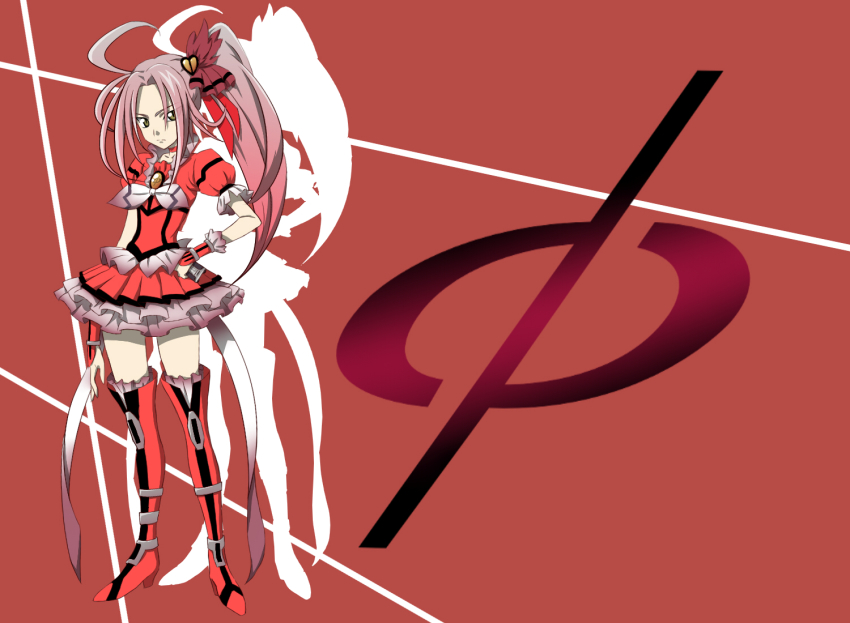 10s, 1girl, ahoge, alternate_color, alternate_costume, alternate_eye_color, alternate_hair_color, bad_id, bad_pixiv_id, boots, brooch, choker, crossover, cure_beat, dress, female_focus, frills, gradient_hair, green_eyes, hair_ornament, hair_ribbon, heart, jewelry, kamen_rider, kamen_rider_555, kamen_rider_faiz, kamen_rider_faiz_(blaster_form), kurokawa_eren, long_hair, magical_girl, multicolored_hair, pink_hair, precure, red_dress, red_thighhighs, ribbon, seiren_(precure), serious, side_ponytail, silver_hair, solo, suite_precure, syu-ho2501, thigh_boots, thighhighs, wrist_cuffs