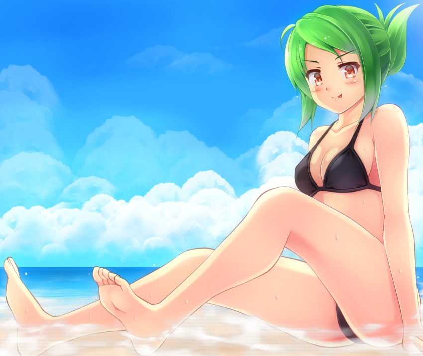 1girl, bad_id, bad_pixiv_id, barefoot, beach, bikini, black_bikini, dorsiflexion, feet, female_focus, green_hair, highres, ishikawa_riko, jikkyou_powerful_pro_yakyuu, komimiyako, orange_eyes, power_pro-kun_pocket_7, power_pro-kun_pocket, short_hair, solo, swimsuit, toes