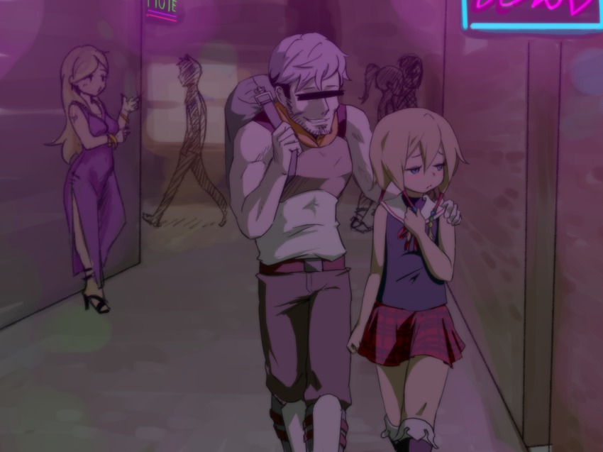 3boys, 3girls, adjusting_hair, age_difference, alley, atlus, averting_eyes, backpack, bag, bar_censor, beard, belt, black_hair, blonde_hair, blush, boots, bracelet, censored, censored_identity, clenched_hand, cosplay, crossdressing, dark, dress, embarrassed, etrian_odyssey, facial_hair, frown, goma_abura, grin, hair_between_eyes, hair_ornament, hair_tubes, hand_on_another's_shoulder, high_heels, jewelry, jitome, knee_boots, long_hair, looking_away, medic_(sekaiju_4), medic_(sekaiju_4)_(cosplay), miniskirt, multicolored_hair, multiple_boys, multiple_girls, muscular, neck_ribbon, neon_lights, night, outdoors, pants, plaid_clothes, plaid_skirt, playing_with_own_hair, ponytail, pout, prostitution, quad_tails, ribbon, sailor_collar, sekaiju_no_meikyuu, sekaiju_no_meikyuu_4, shirt, shoes, short_hair, side_slit, sign, silhouette, silver_hair, skirt, sleeveless, sleeveless_shirt, smile, standing, swordsman_(sekaiju_4), swordsman_3_(sekaiju_4), tattoo, trap, turtleneck, two-tone_hair, walking, whirlwind_(sekaiju)