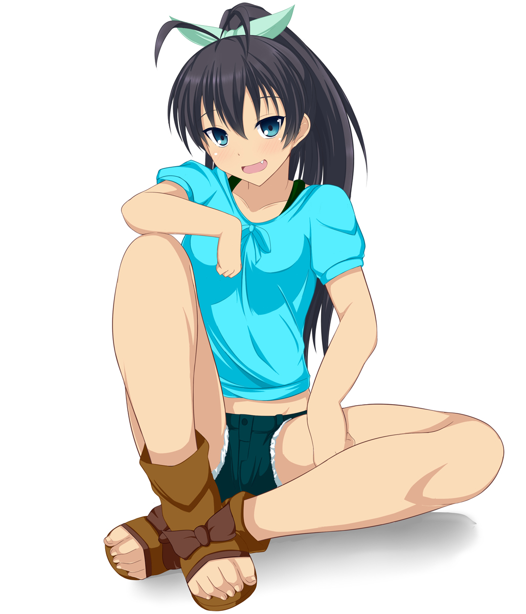 1girl, :d, antenna_hair, aqua_eyes, bad_id, bad_pixiv_id, black_hair, denim