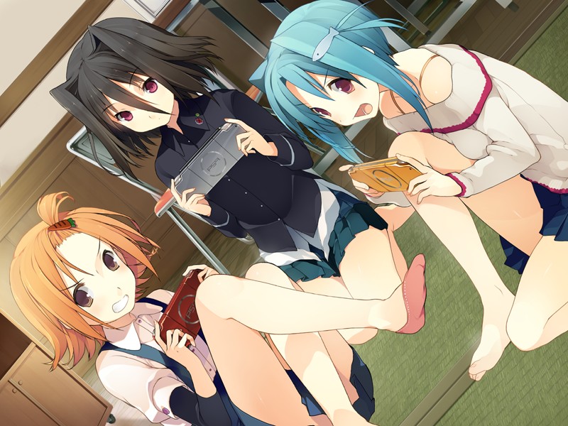 10s, 3girls, akinashi_yuu, barefoot, black_eyes, black_hair, blue_hair, breast_press, breasts, chair, feet, game_cg, game_console, hair_ornament, handheld_game_console, kneeling, koi_to_senkyo_to_chocolate, legs, looking_at_viewer, monzennaka_kii, morishita_michiru, multiple_girls, no_shoes, open_mouth, orange_hair, pink_eyes, playstation_portable, sarue_ai, short_hair, sitting, skirt, socks, thighs, toes