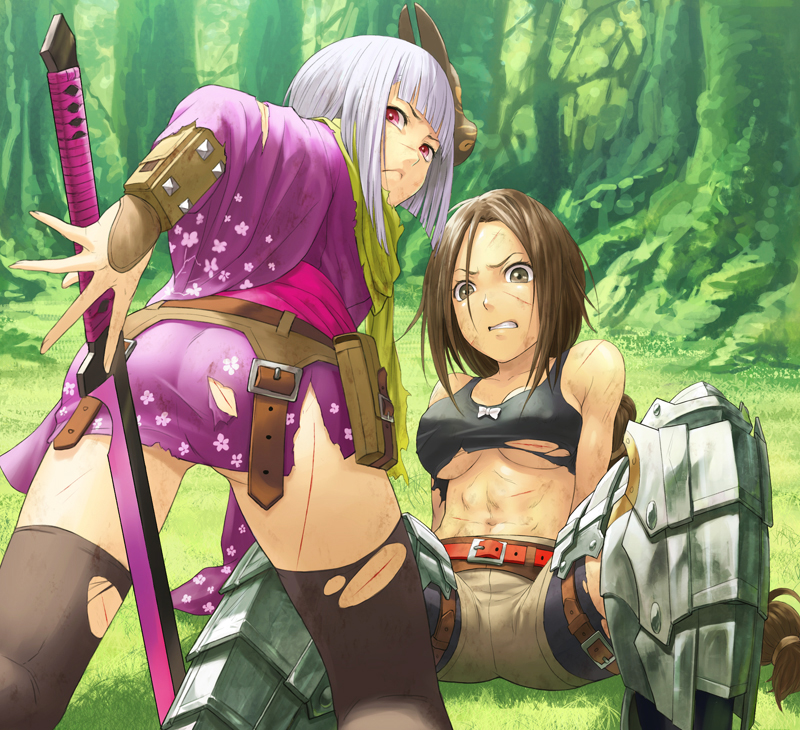 2girls, abs, armor, ass, atlus, bare_shoulders, brown_eyes, brown_hair, etrian_odyssey, fox_mask, katana, mask, multiple_girls, red_eyes, scar, sekaiju_no_meikyuu, sekaiju_no_meikyuu_3, senri, shigumo_(shigeru), shinobi_(sekaiju), shinobi_4_(sekaiju), silver_hair, sword, tank_top, thighhighs, torn_clothes, torn_legwear, warrior_(sekaiju), warrior_4_(sekaiju), weapon