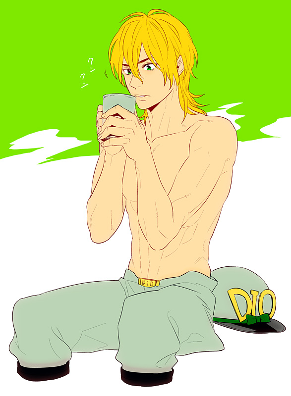 1boy, bad_id, bad_pixiv_id, blonde_hair, diego_brando, drink, hat, unworn_hat