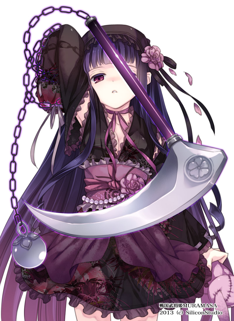 1girl, chain, kama_(weapon), kusarigama, long_hair, mizuno_sao, purple_eyes, purple_hair, sengoku_bushouki_muramasa, shishido_baiken, sickle, stuffed_animal, stuffed_toy, very_long_hair, weapon