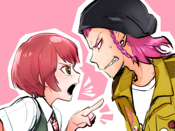 10s, 1boy, 1girl, angry, beanie, braid, danganronpa_(series), freckles