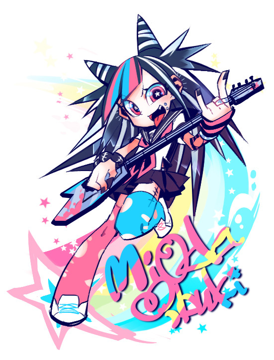 10s, 1girl, asymmetrical_legwear, cone_hair_bun, danganronpa_(series), danganronpa_2:_goodbye_despair, electric_guitar, face_piercing