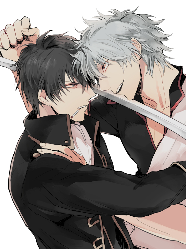 2boys, black_hair, blue_eyes, cigarette, gintama, hijikata_toushirou, katana, male_focus