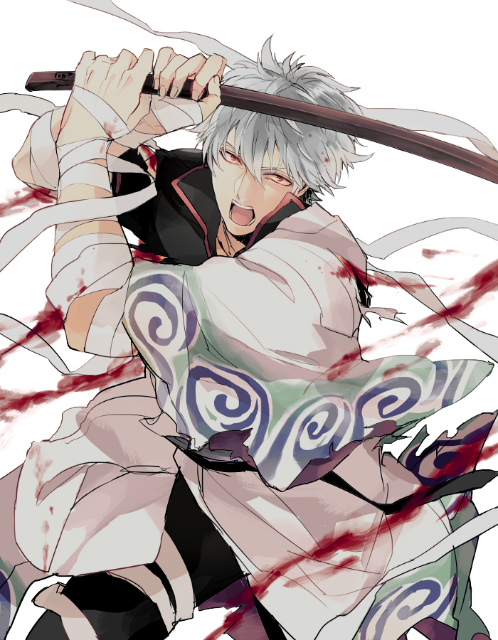 1boy, bandages, blood, bokken, gintama, male_focus, red_eyes, sakata_gintoki