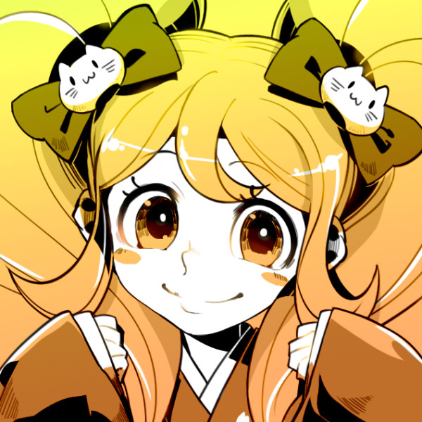 10s, 1girl, blonde_hair, blush_stickers, bow, close-up, danganronpa_(series), danganronpa_2:_goodbye_despair, female_focus, hair_ornament, hair_ribbon, japanese_clothes, kimono, long_hair, orange_eyes, ribbon, saionji_hiyoko, sasagawa_kureo, smile, solo, twintails