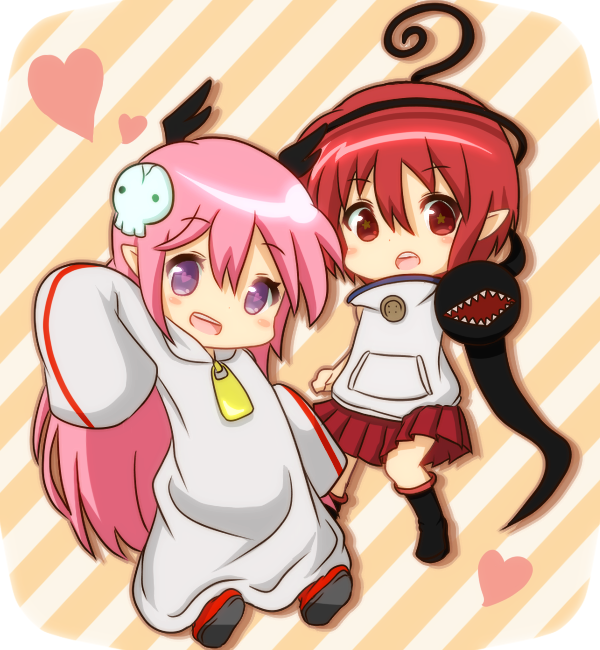 2girls, bad_id, bad_pixiv_id, chibi, demon_girl, februar_zwei, head_wings, heart, long_hair, multiple_girls, pink_hair, ruki_(senyuu), sen'yuu., short_hair, striped_background, wings, zipper, zwei_februar_(senyuu)