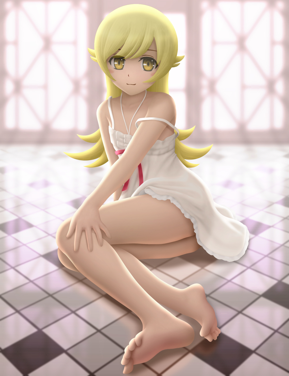 1girl, backlighting, bare_legs, bare_shoulders, barefoot, blonde_hair, blurry, blush