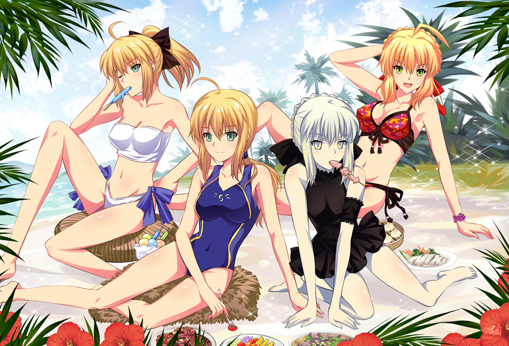 10s, 4girls, ahoge, arm_garter, artoria_pendragon_(fate), bandeau, bare_shoulders, barefoot, beach, bikini, black_one-piece_swimsuit, blonde_hair, blue_one-piece_swimsuit, blush, bow, breasts, capcom, casual_one-piece_swimsuit, cleavage, competition_swimsuit, covered_navel, day, fate/extra, fate/hollow_ataraxia, fate/stay_night, fate/unlimited_codes, fate_(series), flower, food, fork, fruit, green_eyes, hair_bow, hibiscus, medium_breasts, mouth_hold, multiple_girls, multiple_persona, nero_claudius_(fate), nero_claudius_(fate/extra), one-piece_swimsuit, pale_skin, plate, ponytail, popsicle, red_bikini, riyun_(halodark), saber_(fate), saber_(summer_battle_clothes)_(fate), saber_alter, saber_lily, short_hair, sitting, smile, swimsuit, thighhighs, white_hair, white_one-piece_swimsuit, yellow_eyes